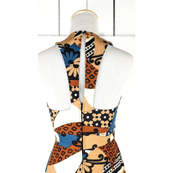 70s vintage brown floral psychedelic print sleeveless peep halter top maxi dress - Picture 6 of 8